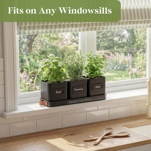 Set PERFNIQUE Indoor Herb Garden, Herb Planter with Tray, Farmhouse Indoor Plant Pots, Windowsill Herb Garden