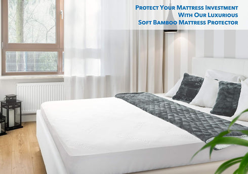PlushDeluxe Queen Size Premium Bamboo Mattress Protector, Waterproof, Ultra Soft, Breathable, Washable Bed Cover (White)