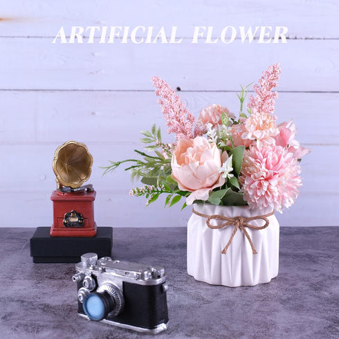 Meyerascal Artificial Potted Flowers Pink, Small Ceramic Vase Fake Flower Plants Desktop Decoration Indoor for Home