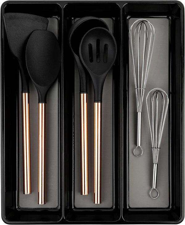 Kitchen Utensils Organizer, Large Non-Slip Cutlery Drawer Holder, 3 Compartment Multi-Purpose Home Organization, Black