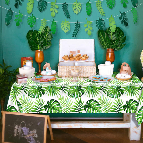 Tatuo 2 Pieces Palm Leaf Table Covers, Hawaii Green Leaves Tablecloths and 2 Pieces Palm Leaves Banners
