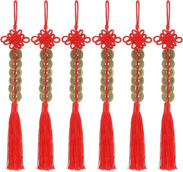 ISKYBOB Set of 6 Chinese Feng Shui Coins with Red Knot String, Vintage Lucky Fortune Coins for Home Decoration