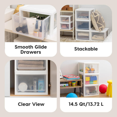 IRIS USA 14.5 Qt. Plastic Drawer Storage Organizer, 3-Pack Stacking Drawers for Bedroom, Kitchen, Office, White