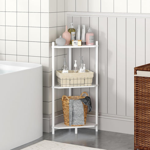 Wisuce Essentials 3 (White3 Corner Shelf Stand - Tier Bamboo Small Corner Bookshelf for Office Kitchen Bedroom Plant