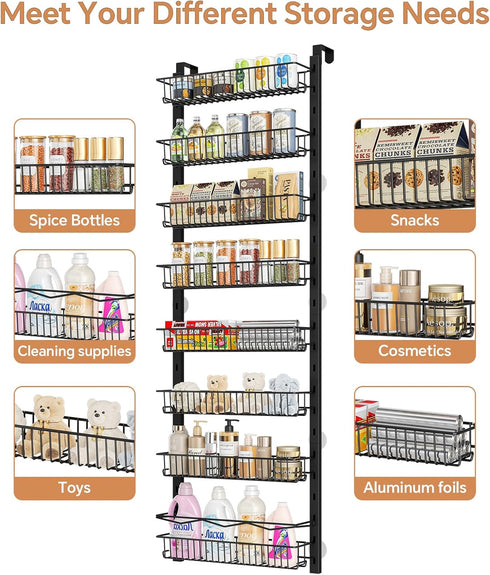 MIAOLI 8-Tier Over the Door Pantry Organizer, Adjustable Spice Rack Cabinet Door Shelves, Hanging Seasoning Organizer