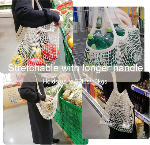 meetall (5 Pack, 2 Mesh Grocery Bags, Reusable Tote Bags with Sturdy Handle, Washable, Eco Friendly, Cotton String Net