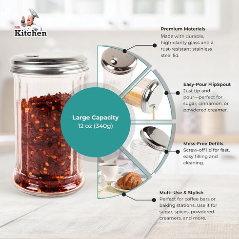 Mr. Kitchen 2 Pack Countertop Salt Sugar Shaker dispenser - Powder Sugar Dispenser Canisters - Glass Sugar Container