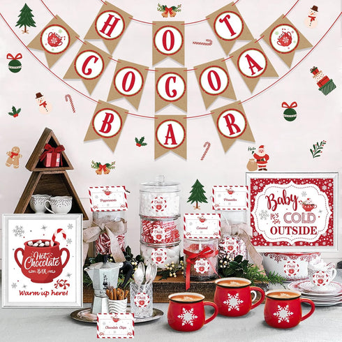 Hot Cocoa Bar Supplies Christmas Hot Cocoa Bar Banner Snowflake Red Hot Chocolate Bar Sign Toppings Labels Cup Tags