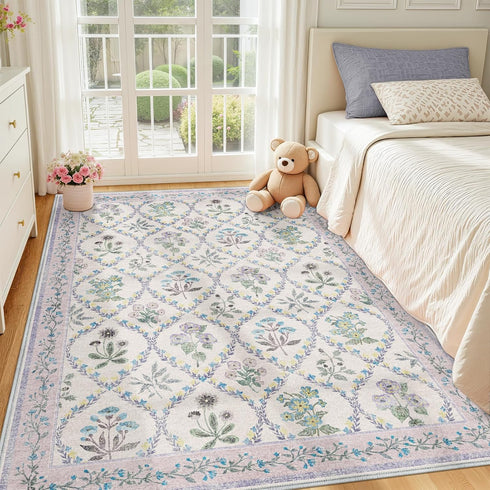5x7 Purple Rug for Girls Room, Washable Boho Floral Area Rugs for Living Room, Cute Ultra-Thin Non Slip Indoor Girls