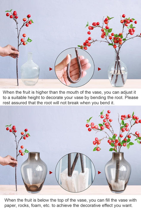 Forlaoers 4Pcs 21.6 Inch Realistic Red Artificial Berry with Stem Fake Berries Faux Fruits for Home Decor Room Table