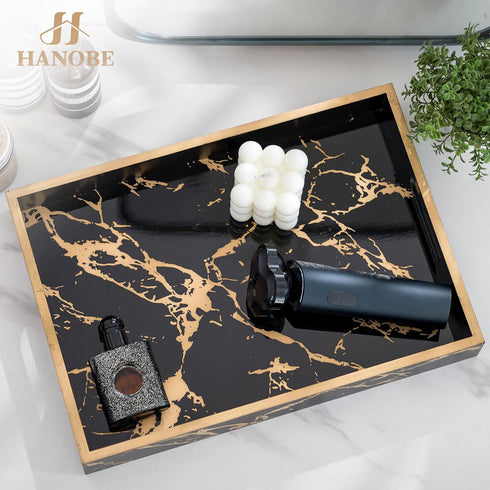 Counter Hanobe Decorative Serving Tray Black: Imitation Marble Coffee Table Tray Decor with Handle Gold for Bar Ottoman