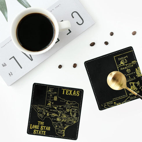Set 4 Inches Set 6 Marble Coasters Square Leather Drinks Coaster with Holder for Coffee Table Bar Home Decor of (Texas