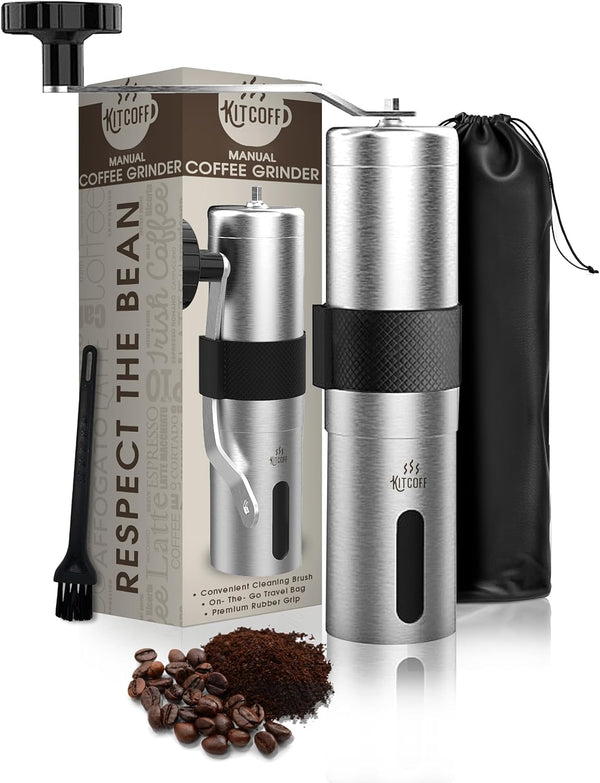 Manual Coffee Grinder — Stainless Steel Conical Burr Coffee Bean Grinder with Hand Crank, 18 Adjustable Settings