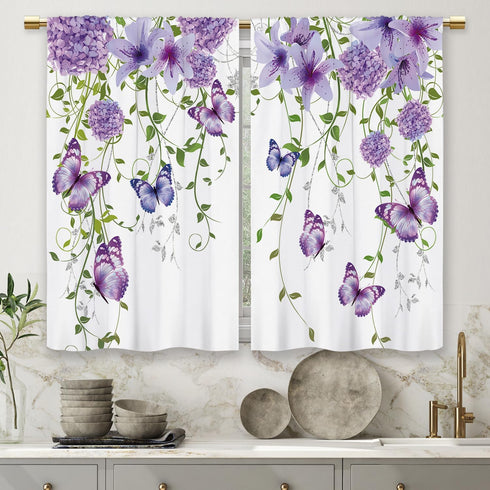 Purple Floral Butterfly Kitchen Curtains, Rustic Flower Small Short Cafe Window Drapes, 27.5x39 Inch