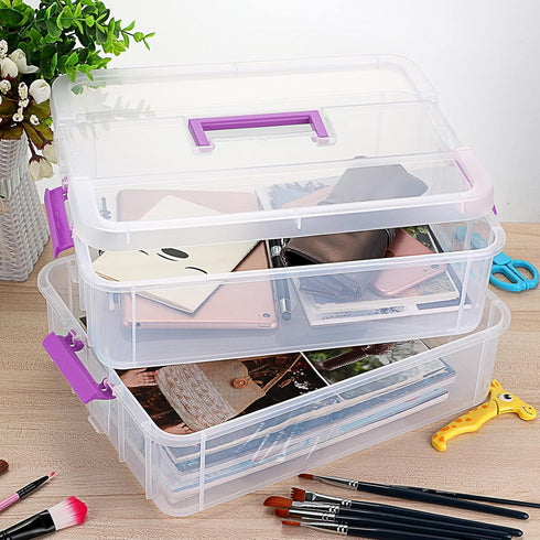 JUXYES 2-Tiers Stack Carry Storage Box, Transparent Stackable Storage Bin with Handle for School Office