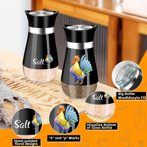 Salt and Pepper Shakers Set, 4 oz Black Kitchen Decor, Stainless Steel & Glass Spice Dispenser, Refillable Design