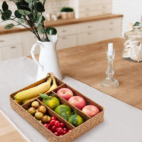 Seagrass Storage Basket with 4 Compartments, Rectangular Utensil Tray for Silverware Flatware Organization