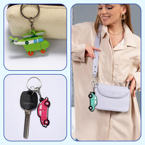 Gala Glow 17 Pack Set, Car Keychain Cartoon Vehcile Train Airplane Silicone Keyrings for Kids, Bulk Party Favors