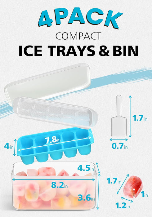 DOQAUS Ice Cube Tray with Lid and Bin, 4 Pack Easy Ice Pop Out Silicone Ice Cube Trays for Freezer, Stackable Storage