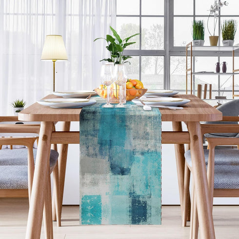 Emvency Farmhouse Table Runner - Modern Teal and Grey Abstract Art Painting for Kitchen, 13x60 inch Decor