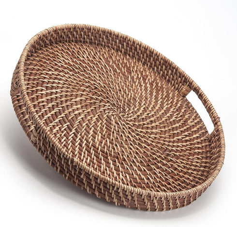 Round Rattan Woven Serving Tray with Handles Ottoman Tray for Breakfast, Drinks,