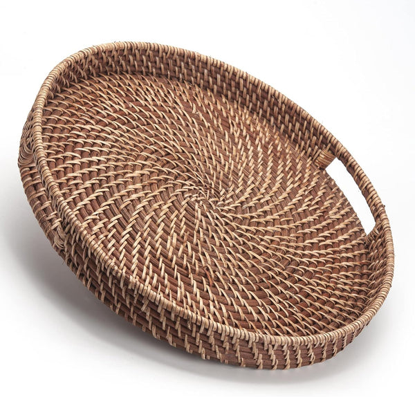 Round Rattan Woven Serving Tray with Handles Ottoman Tray for Breakfast, Drinks,