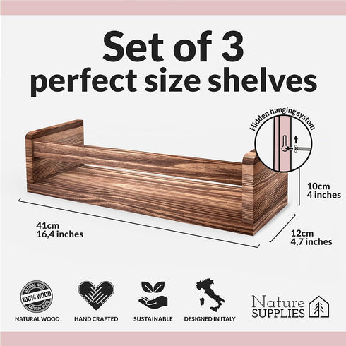 Set 3, 16.4". NATURE SUPPLIES of Nursery Book Shelves, Solid Wood for Books, Toys, Decor, Wall Bookshelf for Kids