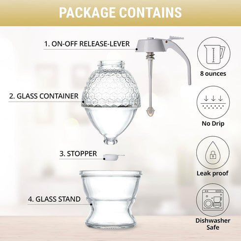 8 oz PAULSWAY Not Chromed Glass Honey Dispenser, Food-Grade ABS White Lid No Drip Glass with Stand Honey Jar Honeycomb