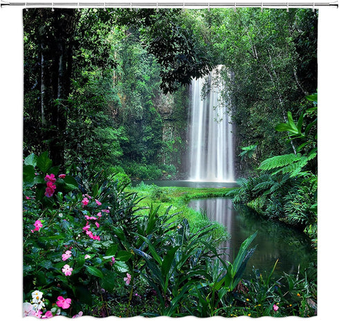 Rainforest Waterfall Shower Curtain Nature Green Forest Flowers Waterfall Tropical Landscape Bathroom Decor Fabric Curtain with Hooks, 8960AL by AMHNF