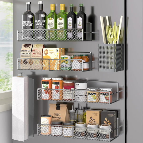 Magnetic Spice Rack for Refrigerator, 6 Pack Metal Magnetic Shelf Grey, Moveable