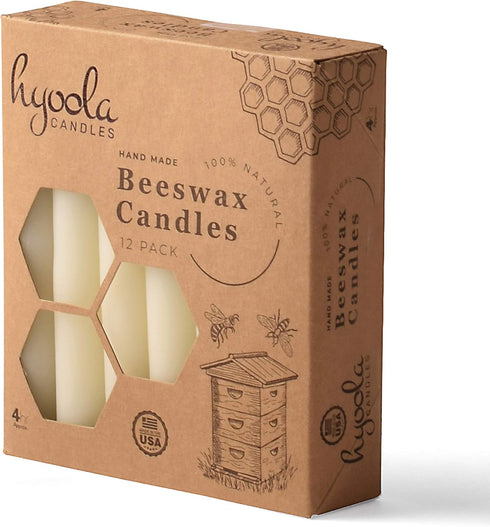 Hyoola 4" Beeswax Taper Candles, 12 Pack, Handmade, 100% Pure Unscented Bee Wax, Decorative White, 4 Hour Burn