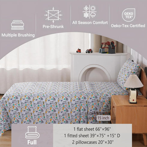 Set, 4-Piece 15 Inches Sets Softan Kids Bed Sheet Full Size Sheets, Microfiber Fitted Sheet with Deep Pocket and Corner