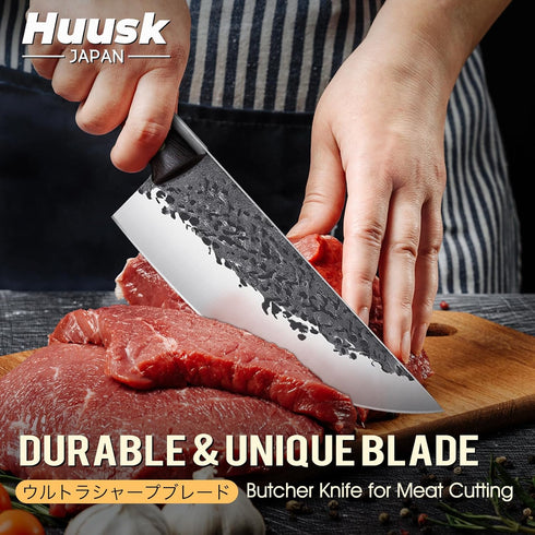 Huusk Butcher Knife, Hand Forged Meat Cleaver Knife, Japanese High Carbon Steel for Outdoor Cooking, Great Christmas
