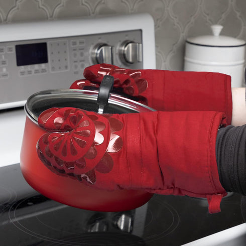 T-FAL 2-Pack Medallion Design Oven Mitt, 100% Cotton and Silicone, Heat-Resistant Grip, Red