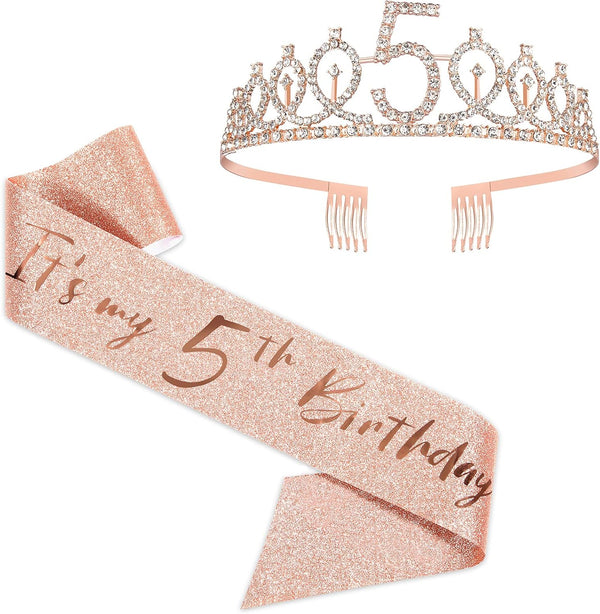 BRT Bearingshui Rose Gold Crown 5 & Fabulous Sash and Tiara for Girls, Happy 5th Birthday Party Favor Gifts