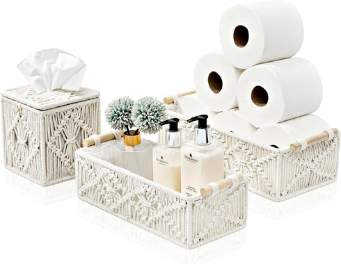 Set Set Sorbus Macrame Boho Decor Baskets & Tissue Holder - Decorative Woven Baskets for Bathroom Shelves - Lined