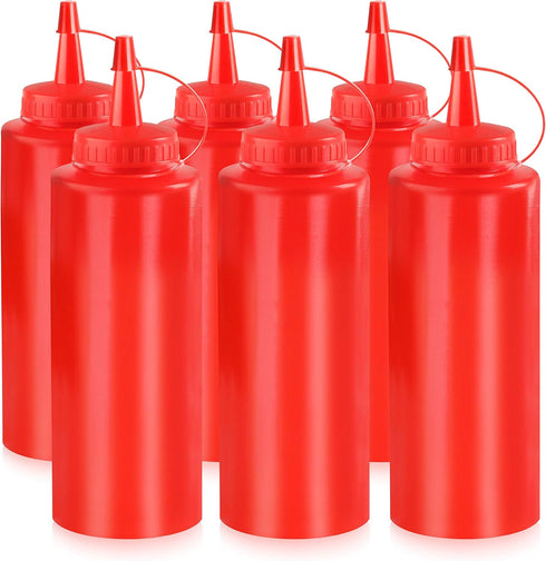 New Star Foodservice 26313 Plastic Squeeze Bottles, 12 oz, Red, Pack of 6