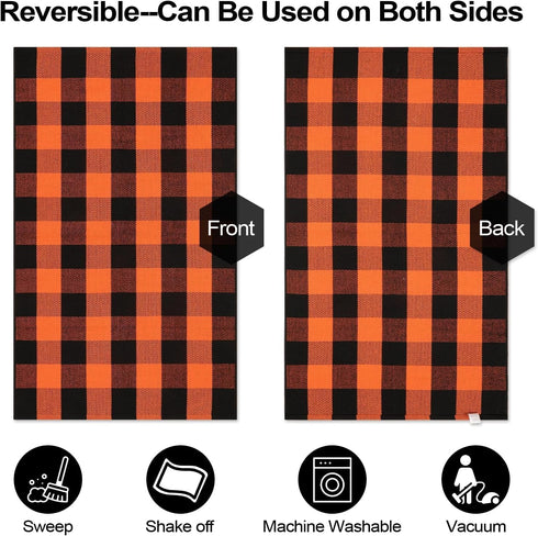 LEEVAN Orange and Black Buffalo Plaid Outdoor Rug 24"x 51", Washable Halloween Door Mat for Entryway