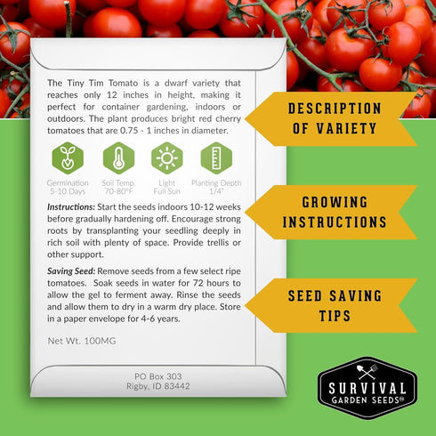 (1 Pack) Tiny Tim Tomato Seeds - Dwarf Cherry Tomatoes for Planting Indoors or Patio, Compact Heirloom Variety