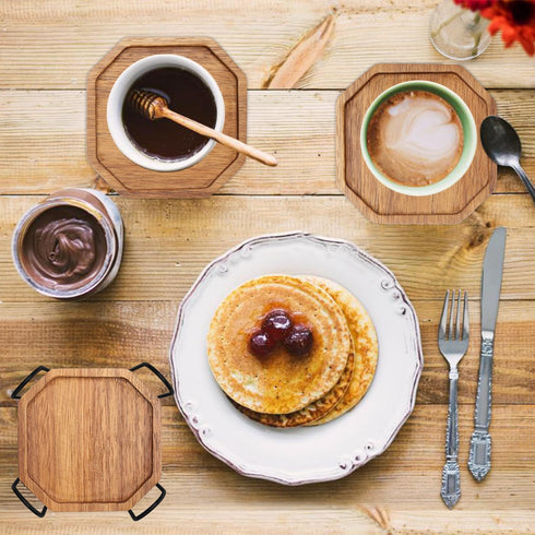 Set 6 Cute Rustic Farmhouse Wooden Cup Coaster of Cool Bar Drink Coasters with Holder Acacia Wood Coasters for Coffee