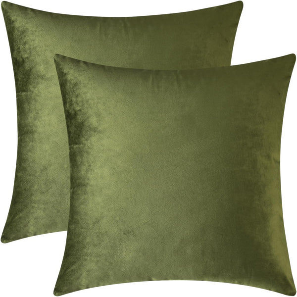 Mixhug Set of 2 Cozy Velvet Square Decorative Throw Pillow Covers, Moss Green, 18 x 18 Inches for Couch and Bed