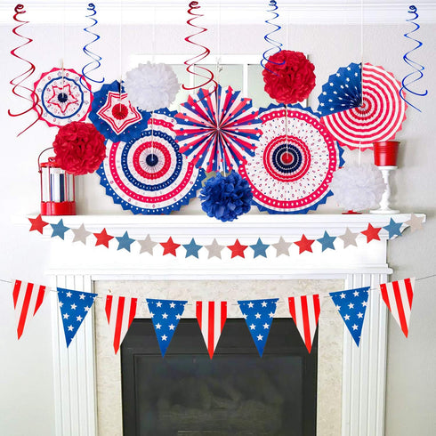 29PCS 4th of July Patriotic Decorations Set, Red White Blue Paper Fans, USA Flag Pennant, Star Streamer, Pom Poms,