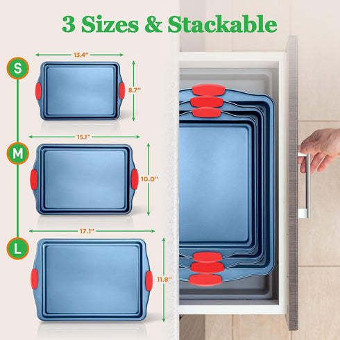 NutriChef Nonstick 3-Piece Baking Pans Set – Carbon Steel Bakeware with Blue Coating Inside & Outside and Red Silicone Handles, Durable and Reliable, Effortless Baking and Easy Cleanup (Blue) by NutriChef
