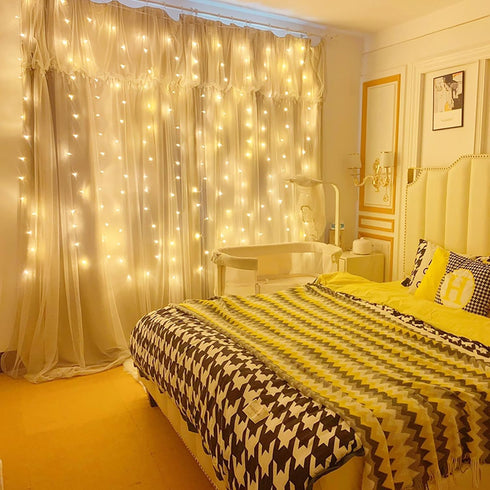 300 9.8ft x9.8ft 8 Dazzle Bright Curtain String Lights, LED Warm White Fairy Lights with Lighting Modes, Waterproof