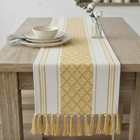Boho Table Runner with Tassels 14 x 90 Inches, Yellow & Cream