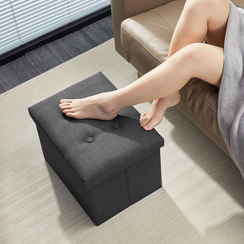 17 inches AmasSmile Storage Ottoman Folding Foot Rest Stool, Linen Footstool Bench, Short Ottoman Bench, Storage Foot