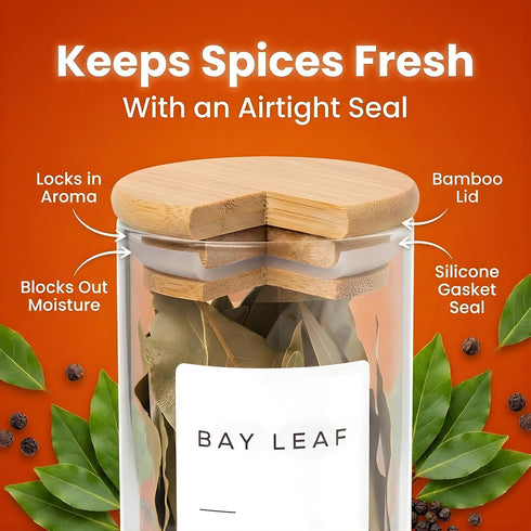 Bloomondo Pack (12x 6oz 112 48 Empty Spice Jars with Label Bamboo Lid Glass Jar). Small Spice Storage Bottles