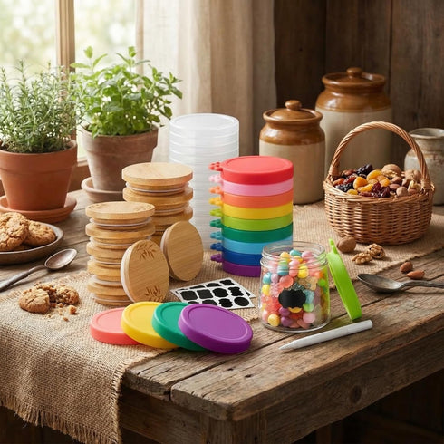 Blushtier 45 Pack Set 9 24 12 Yogurt Jar Lids Silicone, Plastic & Bamboo Lids with Labels & White Pen Reusable