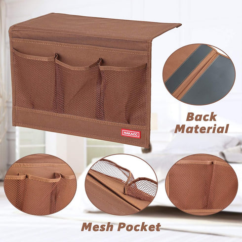 HAKACC Bedside Organizer with Hanging Pocket, Remote Holder for Bed Accessories, Brown