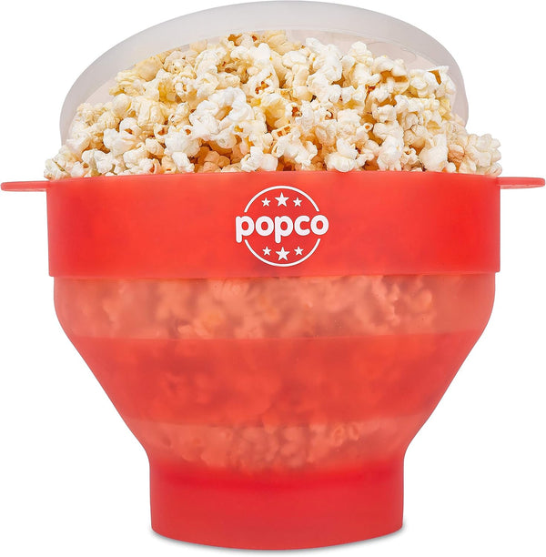POPCO Silicone Popcorn Maker with Handles, Collapsible Bowl, BPA Free, Dishwasher Safe - 10 Colors (Transparent Red)